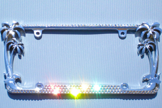Palm Tree Bling License Plate Frame - 3 Row Luxury Austrian Crystal Shiny Car Tag Cover