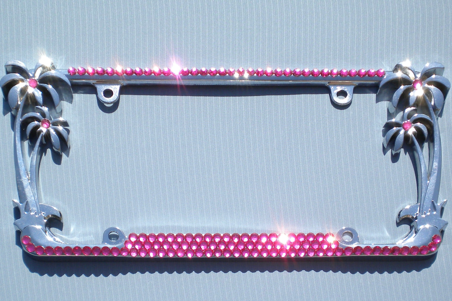 Palm Tree Rhinestone License Plate Frame – 3 Row Shiny Tropical Bling Car Tag Cover