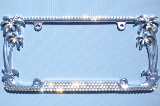 Palm Tree Rhinestone License Plate Frame – 3 Row Shiny Tropical Bling Car Tag Cover