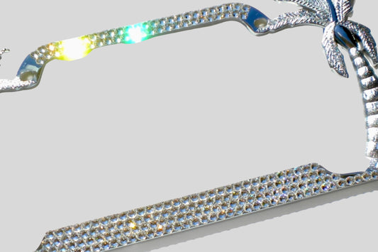 Palm Tree Crystal License Plate Frame - 4 Row Brilliant Glass Crystals for Tropical Bling License Plate Cover